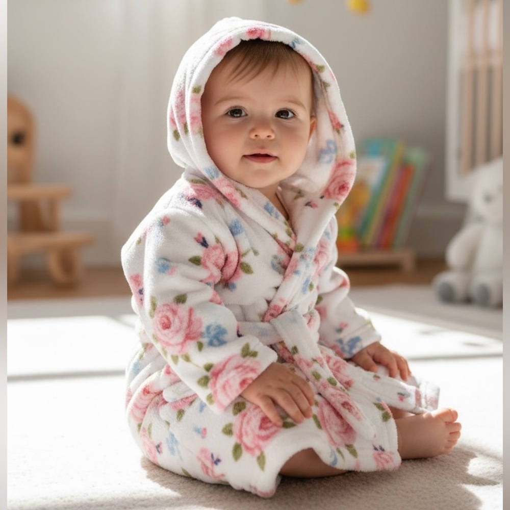 Lovable Friends Floral Plush Baby Robe Size 0-9 Months New
